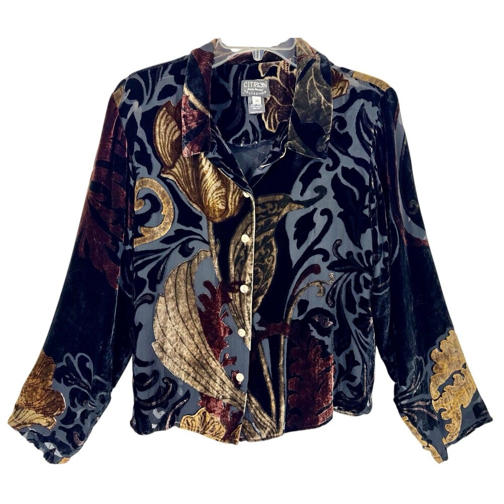 VTG Citron Santa Monica Silk Velvet‎ Burnout Floral Top Blouse M Y2K